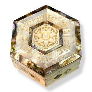 Hexagon Mother-Of-Pearl Trinket Box Intricate Carved Top Red Velvet Lining
